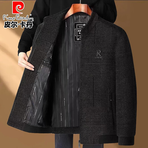 Pierre Cardin jacket men's spring and autumn chenille plus velvet thickened warm jacket middle-aged and elderly casual tops men's dad wear black and gray stand-up collar thick style without velvet XL (180) Recommended weight 110-130Jin Jin is equal to 0.5 kg