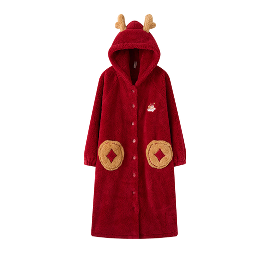 Fen Teng Couple Pajamas Zodiac Year of the Snake Coral Velvet Hooded Embroidered Long Sleeve Nanfu Puff Home Clothes Couple Pajamas Big Red-Women's L