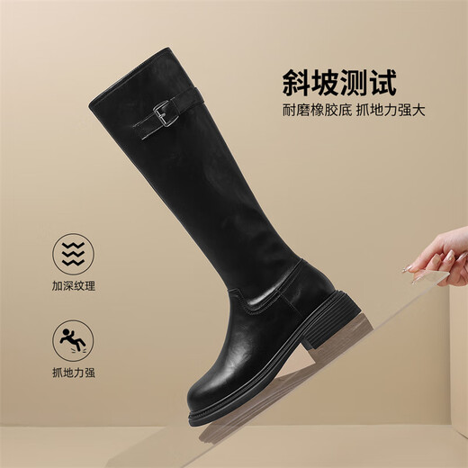 ZHR long boots for women, fashionable pleated knight boots for women, winter plus velvet, thick-soled women's boots, BL323A, black 38