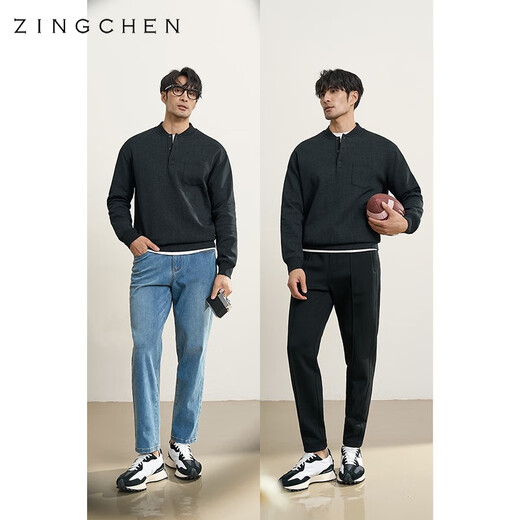ZINGCHEN Heavy Batik Technology ZINGCHEN Men's Henley Collar Pocket Profile Sweatshirt Baseball Collar Pullover Black 2XL