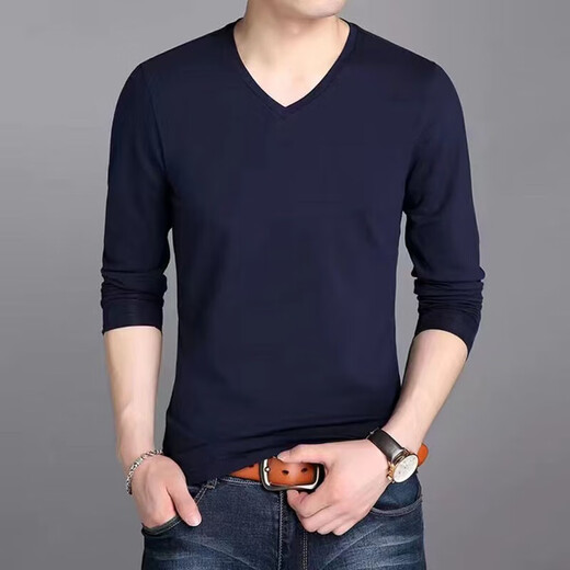 Aowan pure cotton long-sleeved T-shirt men's v-neck Korean style solid color inner fit slim stretch men's white autumn coat bottoming shirt white XL