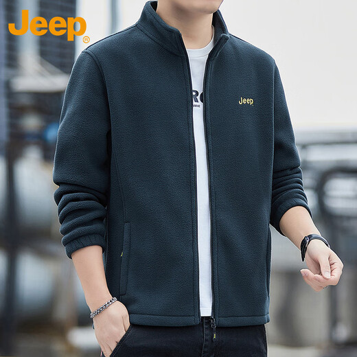 JEEP Sweater Men's Autumn and Winter Polar Fleece Thickened Warm Cardigan Jacket Men's Loose Stand Collar Men's Gray Green 2XL