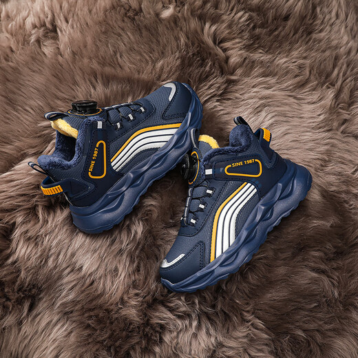 Guirenniao children's shoes 2025 winter new velvet thickened cotton shoes leather surface waterproof and warm children's sports shoes boys and girls trendy shoes dark blue size 37