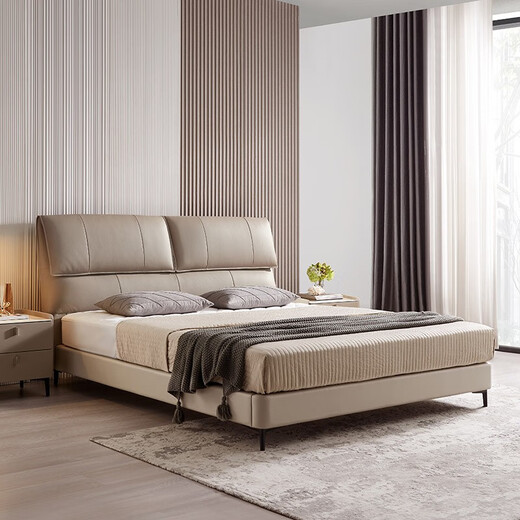 Mousse (de RUCCI) bed double bed leather bed Italian light luxury large bed master bedroom leather bed bedroom furniture large bed leather art bed edge-to-edge style (dark beige)-BCW1-103 1.8*2 meters