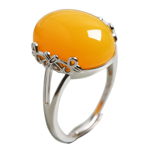Fire clam beeswax ring chicken fat yellow old honey 925 silver plated 18K gold wine red blood amber amber ring natural chicken fat yellow + gold ring setting