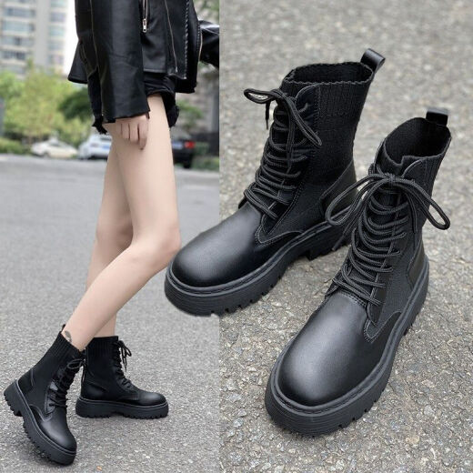 Decorative Yishang Martin Boots Women's British Style 2020 Autumn High Top Single Boots Motorcycle Boots Lace Up Short Boots Versatile Slim Boots - Customized Black Single 37