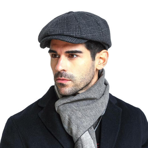 Kawakudaichi autumn and winter hat men's forward hat middle-aged and elderly men's hat thickened warm plaid hat beret octagonal hat painter herringbone black gray L/XL large size (suitable for 59-62CM head circumference)