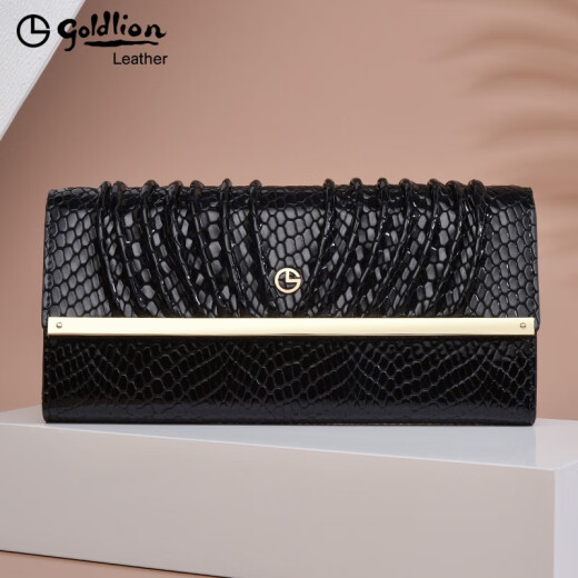 Goldlion Wallet Long Patent Leather Women's Bag Fashionable Genuine Leather Simple Clutch Cowhide Large Capacity Clutch Mom Bag Black [Officially Authorized-Fake One Penalty Ten]