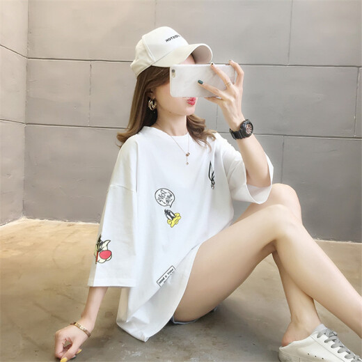 Langyue Women's Summer Printed Short-Sleeved T-Shirt Loose Korean Style Casual Round Neck Female Student Top LWTD201505 White M