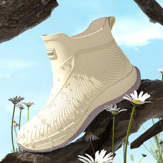 短筒雨鞋女款时尚水鞋外穿雨靴防滑防水鞋厨房水靴洗车胶鞋工作鞋 米色-标准码-无绒 38