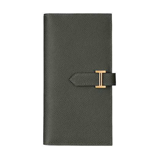 Hermès men's and women's wallets in calfskin, mid-length with crotch pocket, multiple card slots, H buckle, Chinese Valentine's Day gift, dark green