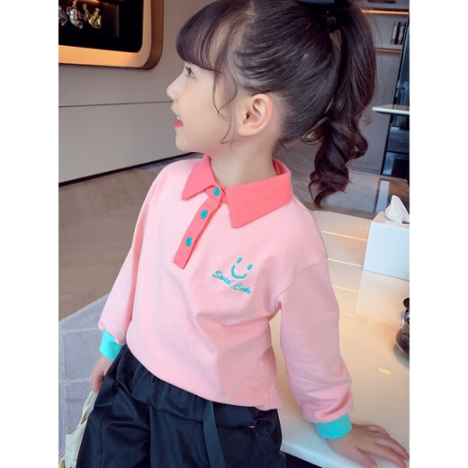 Nuo Dou Xiong girls long-sleeved lapel T-shirt spring and autumn new style 5 children's embroidered Polo shirt little girl Korean style bottoming top light pink 120 size
