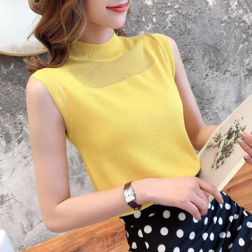 Ji Yafu Chaleco de fondo, suéter hueco superior sin mangas con chaleco de punto de moda, camisa de fondo delgado para mujer, color caqui marrón claro, talla única recomendada 80-128 Jin Jin equivale a 0,5 kg