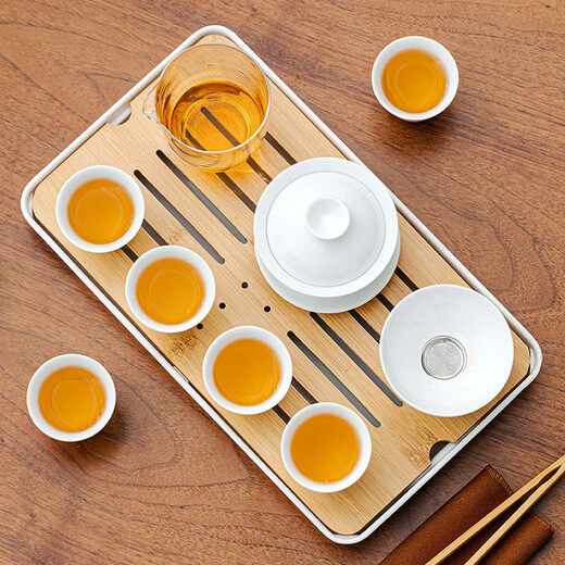 Gold inlaid jade travel tea set, mutton-fat jade porcelain household ceramic white porcelain with tea tray and bowl set, gift Kung Fu tea set, Leshui mutton-fat jade porcelain set