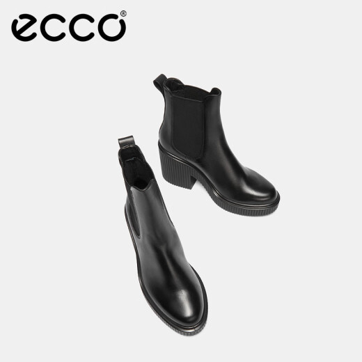 爱步（ECCO）靴子女 冬季经典百搭粗跟短筒牛皮女靴高跟短靴女 浮雕高跟223013 黑色22301301001 37