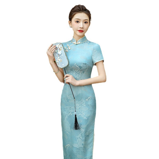 Gu Wainian silk cheongsam long new improved silk jacquard cheongsam high-end temperament slim mulberry silk dress blue M