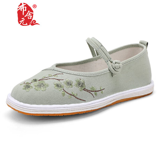 Busheyuan embroidered Chinese style thousand-layer sole breathable flat bottom one-line buckle old Beijing cloth shoes women 410-1048 green 38