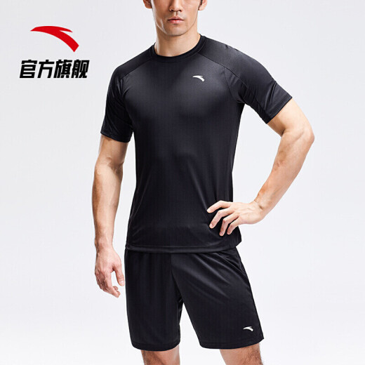 ANTA official flagship sports suit men's fitness suit running suit football suit two-piece short-sleeved shorts suit basic black-4L (Male 175)