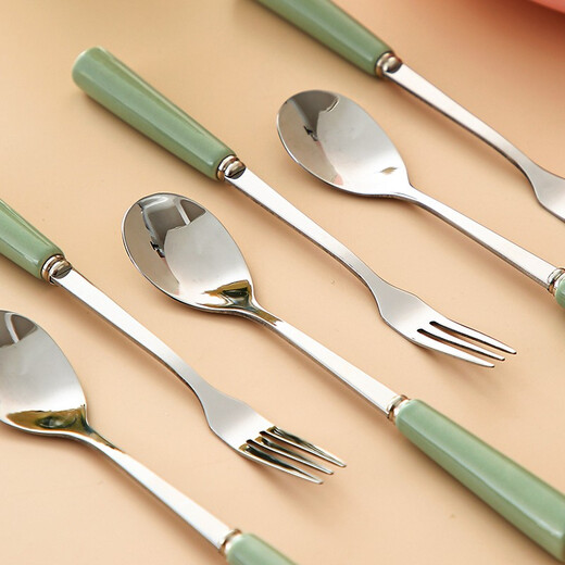 Durable fruit fork, household stainless steel fruit picks, dessert fork, coffee spoon set, storage fork, creative light luxury style, 1 can + 6 forks, avocado green