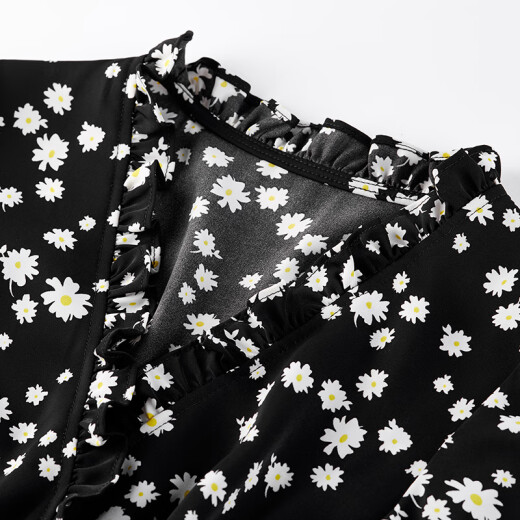 Shandubila Dress Summer New Women's Floral Chiffon Waist Slimming Daisy Series Skirt Black Bottom White Flower M