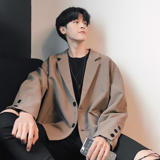 普戈斯安可拉红毛呢西装外套男士老钱风穿搭短款夹克春秋新中式西服套装 X02黑色 XL 130-145斤