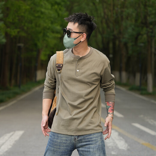 PKSAQ American retro heavyweight Henley shirt T-shirt men's casual long-sleeved bottoming shirt Ami khaki work shirt men's iron gray L