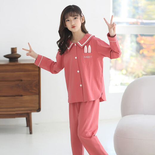 噜噜牛儿童睡衣女童春秋纯棉开衫中大童女孩全棉家居服 12210-桔红色 120 (10码 建议身高115-125)