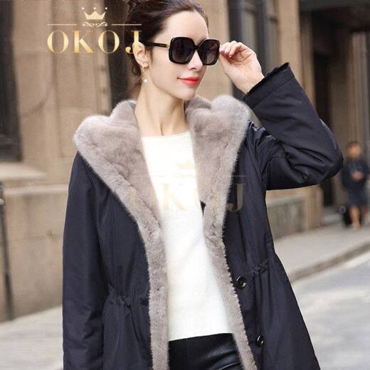 OKOJ brand Nikki coat women's mink fur coat full mink liner pie coat fur navy XL