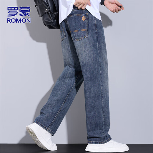 罗蒙（ROMON）牛仔裤男秋冬季休闲裤子男士直筒裤宽松阔腿男裤子 怀旧蓝 33
