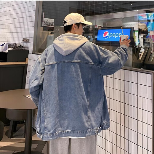 Yiran presents a handsome denim jacket for men in spring and autumn, trendy brand, retro hooded, loose, versatile, trendy, Korean version, fake two-piece jacket for men, blue L, recommended 120-135 Jin Jin is equal to 0.5 kg