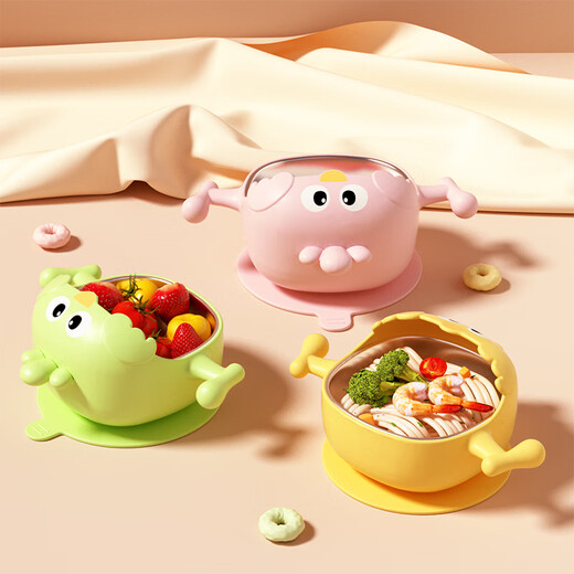 Vboy Baby Silikon ergänzende Lebensmittelschüssel Saugnapfschale Hochtemperaturfestigkeit Sprinkler und Herbstfutter Food Grade Alle Silikon 316 Edelstahl Innenkinder Pink [Edelstahl Innenauskleidung] + Edelstahlgabel Löffel