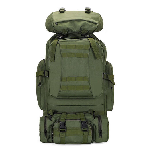 Camouflage backpack, military fan backpack, outdoor travel camping backpack, 80L combined large-capacity mountaineering bag, khaki backpack