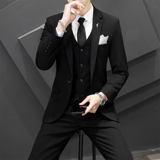 Playboy (PLAYBOY) casual suit men's suit Korean style business formal three-piece suit slim wedding groomsman dress high-end suit jacket black suit + vest + pants with waist tie 3XL