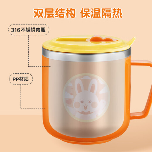 COOKSS children's water cup milk cup 316 stainless steel learning drinking cup baby 1-3 years old with sippy cup drinking water with scale orange
