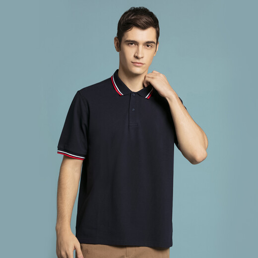 Made in Tokyo, men's short-sleeved POLO shirt business casual classic lapel T-shirt stretch breathable contrast collar navy blue XL
