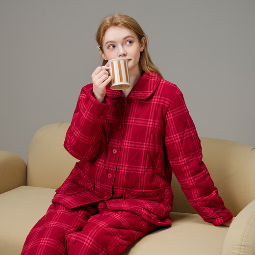 American Standard Couple Three-Layer Thickened Padded Pajamas Set for Women Autumn and Winter Red Wedding Pure Cotton Plaid Home Clothing for Men Cherry Red (Male) XL