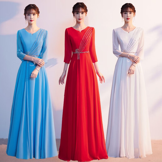 Han Yukui adult chorus dress women's long elegant choir performance clothing solo singer temperament host evening dress spring red L