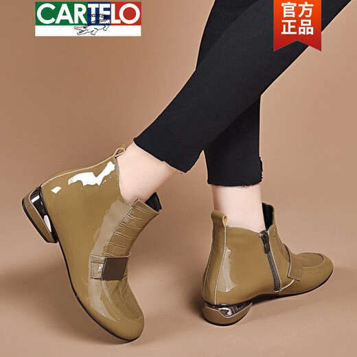 CARTELO 2025 New Autumn and Winter Genuine Leather Short Boots Patent Leather Round Toe Nude Boots Women's Velvet Low Heel Soft Leather Ankle Boots Martin Boots Burgundy - Single Liner (3cm) 37