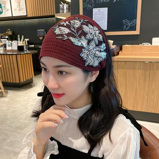 Scarf, hair accessories, woolen knitted headband, wide-brimmed autumn and winter warm headscarf for women, ear protection, headband to cover gray hair, rose-khaki color