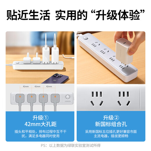 Green Alliance plug-in strip/socket board/row plug/socket/socket board/pull line board/student dormitory home desktop with line new national standard large spacing 4-digit master control total length 0.5 meters
