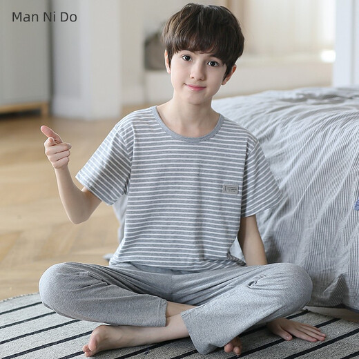 曼妮朵儿童睡衣男童短袖长裤大童家居服夏青少年全棉男孩纯棉空调服套装 N9903【短长】 140 16码建议135-145cm
