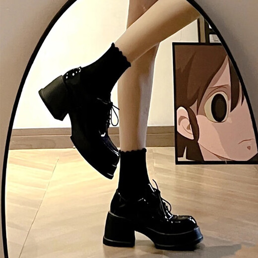 Nine-inch sunshine black thick-soled small leather shoes for women spring heightening thick-soled Mary Jane shoes platform round toe high-heeled loafers jk bright black small leather shoes (6.5cm) 37