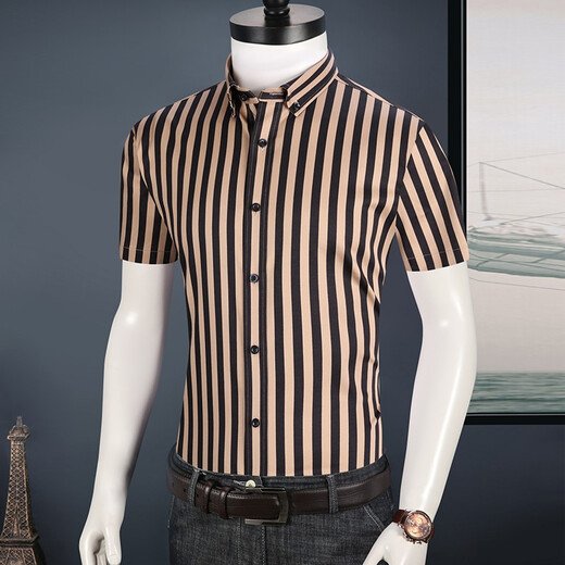 Caizi Yijia striped shirt men's short-sleeved stretch cotton summer slim half-sleeved clothes trendy men's business casual shirt men yellow stripes 5008D 42