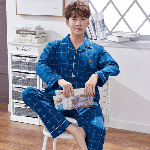 Langsha-Pyjamas für Herren im Frühjahr und Herbst aus reiner Baumwolle mit langen Ärmeln, lockerem Revers, Heimkleidung für Herren, Frühjahrs-Baumwollknopf-Hauskleidung, kann außerhalb des Anzugs getragen werden SFB3888 Herren 3XL Größe 170–185 cm/175–190 Jin Jin entspricht 0,5 kg