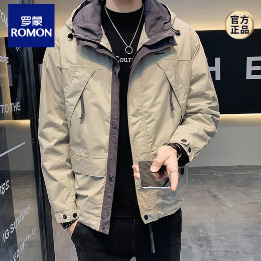 ROMON Jacket Men's Spring and Autumn 2025 New Charge. Clothes Men's Handsome Casual Hooded Workwear Men's Jacket JK8810 Beige Spring and Autumn Model XL Recommended 120-140Jin Jin equals 0.5 kg