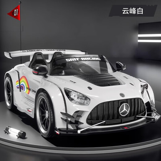 Xiong Yan's Mercedes-Benz children's electric car, sports car for men and women, four-wheel remote control car, baby stroller, baby toy car, driftable Yunfeng white + silent motor, bottom laser light + ambient light + leather seat + drift wheel
