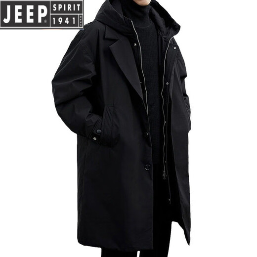 JEEP SPIRIT2025 autumn and winter velvet men's Korean style coat men's fake two-piece hooded mid-length windbreaker jacket men's jacket military green cotton thickened 2XL 155-160Jin Jin equals 0.5 kg