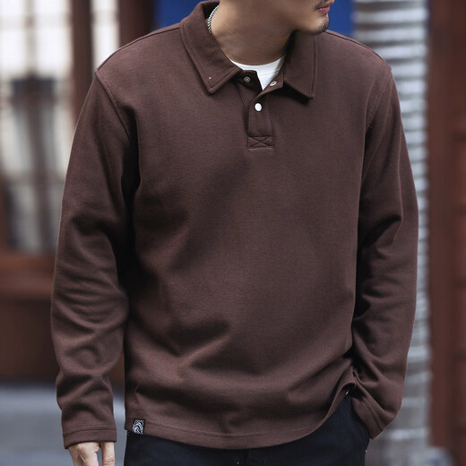 JEEP SPIRIT 250g heavy piqué cotton simple POLO shirt for men 2024 spring and autumn retro simple loose long-sleeved T-shirt dark brown 2XL suitable for 160-180Jin Jin equals 0.5 kg