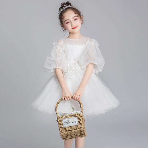 Xiaokayi Nong girls evening dress princess dress fluffy yarn little girl flower girl wedding dress children piano performance dress host autumn style white front short back length 110cm