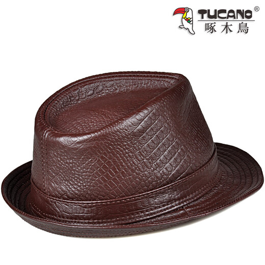 Woodpecker new hat men's spring and autumn style jazz hat for middle-aged and elderly British retro gentleman hat first layer cowhide top hat casual brown XL (57-58cm)